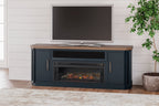 Two-tone TV stand with electric fireplace, dark blue base with wood top and side doors