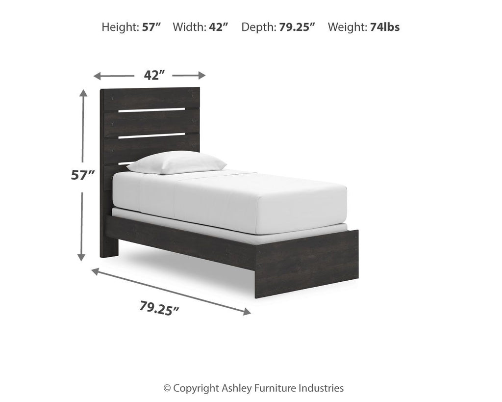 Dark gray panel bed size diagram with slatted headboard and platform base, with mattress