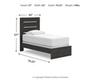 Dark gray panel bed size diagram with slatted headboard and platform base, with mattress
