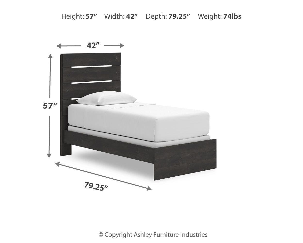 Dark gray panel bed size diagram with slatted headboard and platform base, with mattress