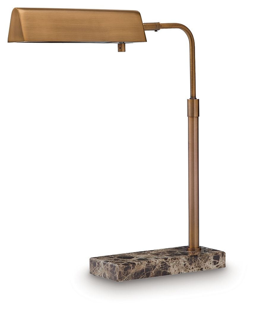 Bronze metal floor lamp with curved stem, rectangular shade, and stone base
