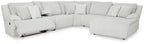 Light gray reclining sectional sofa with striped fabric and curved arm cushions