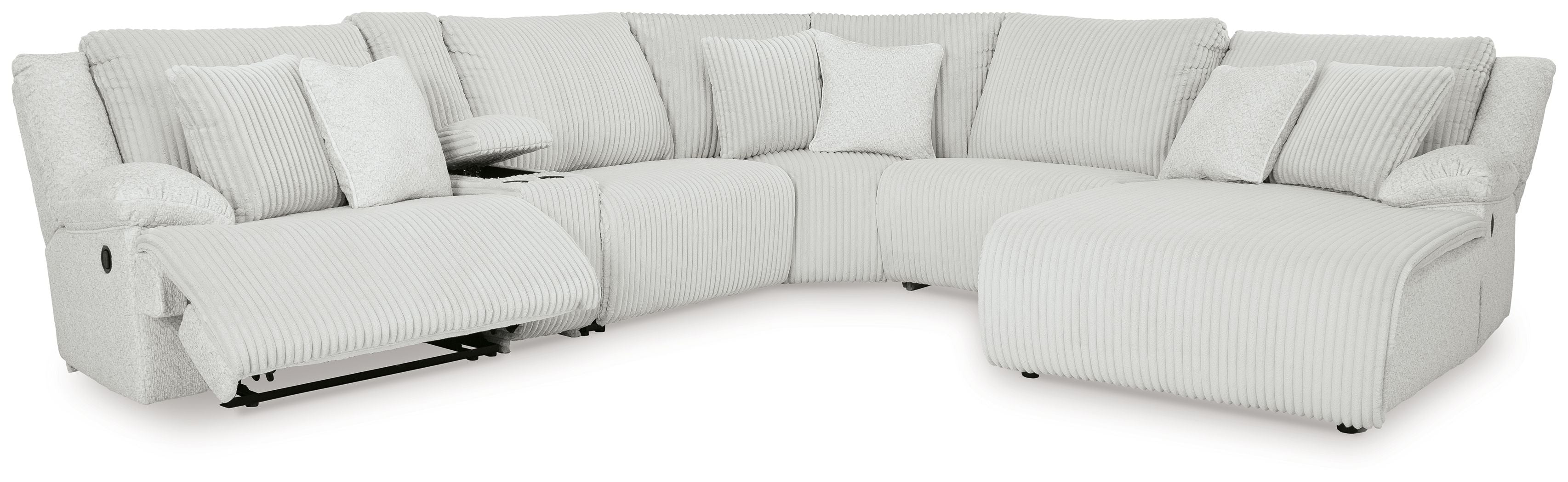 Light gray reclining sectional sofa with striped fabric and curved arm cushions