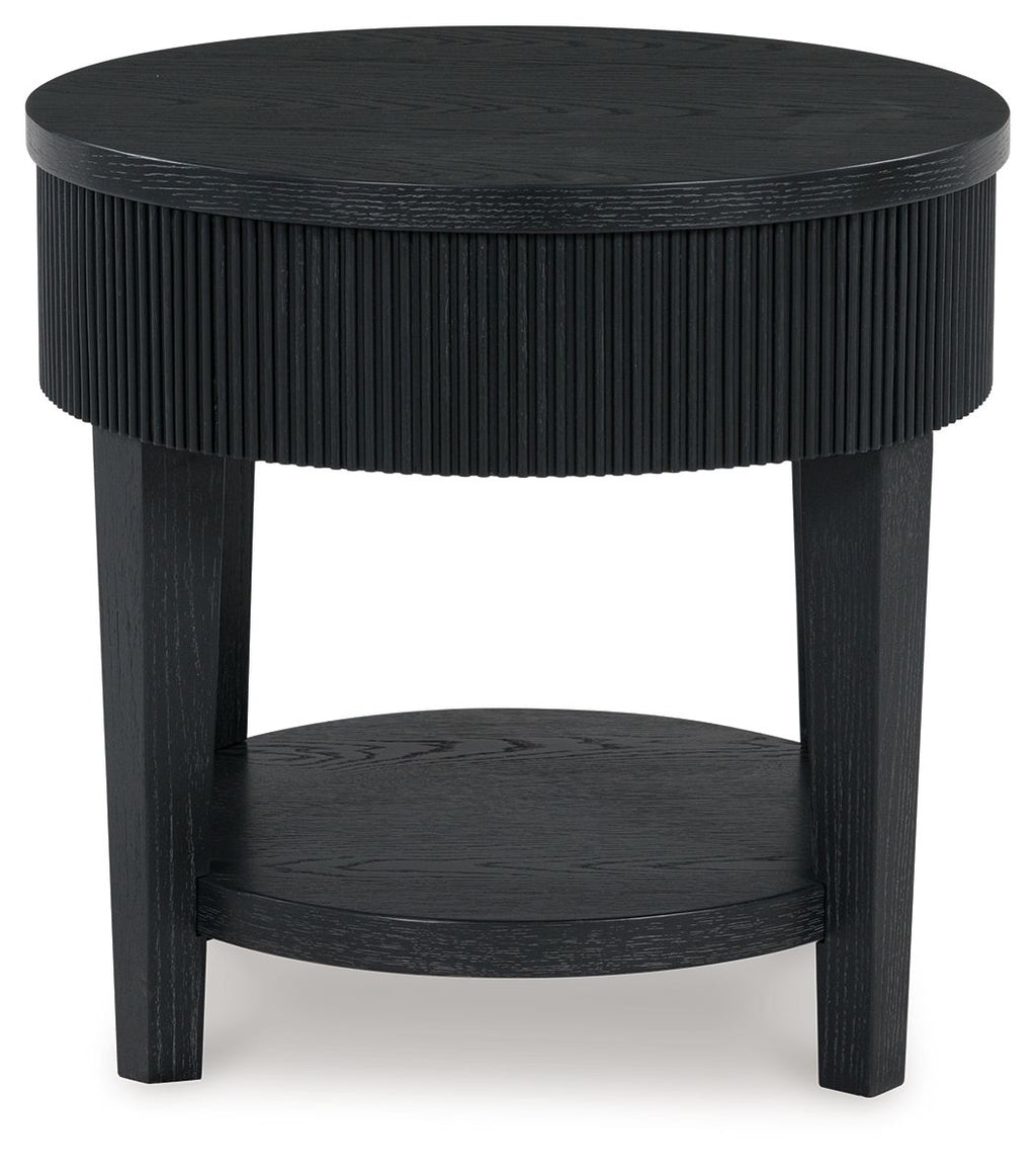Black round end table with ribbed sides and round top and bottom shelf