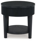 Black round end table with ribbed sides and round top and bottom shelf