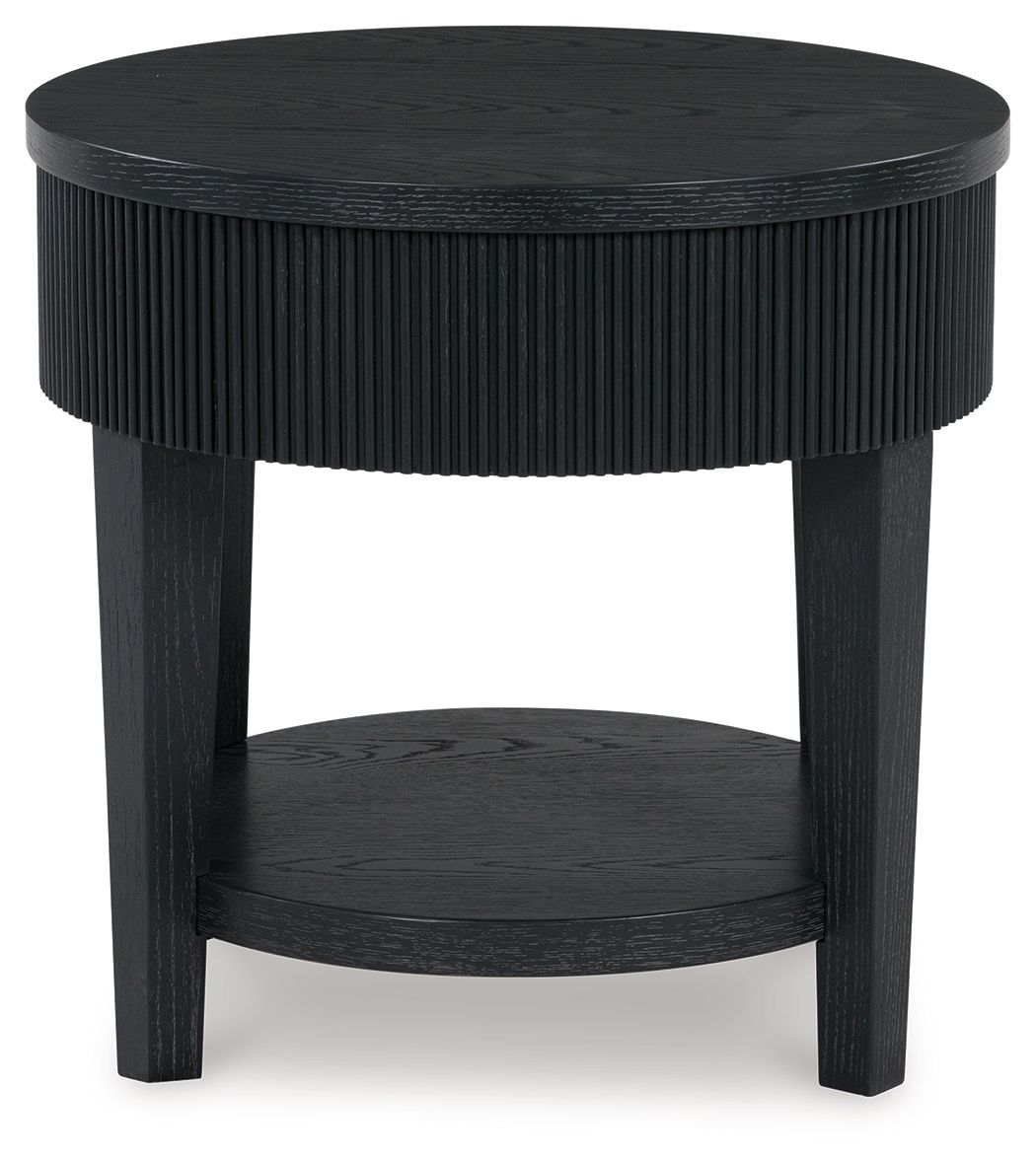 Black round end table with ribbed sides and round top and bottom shelf