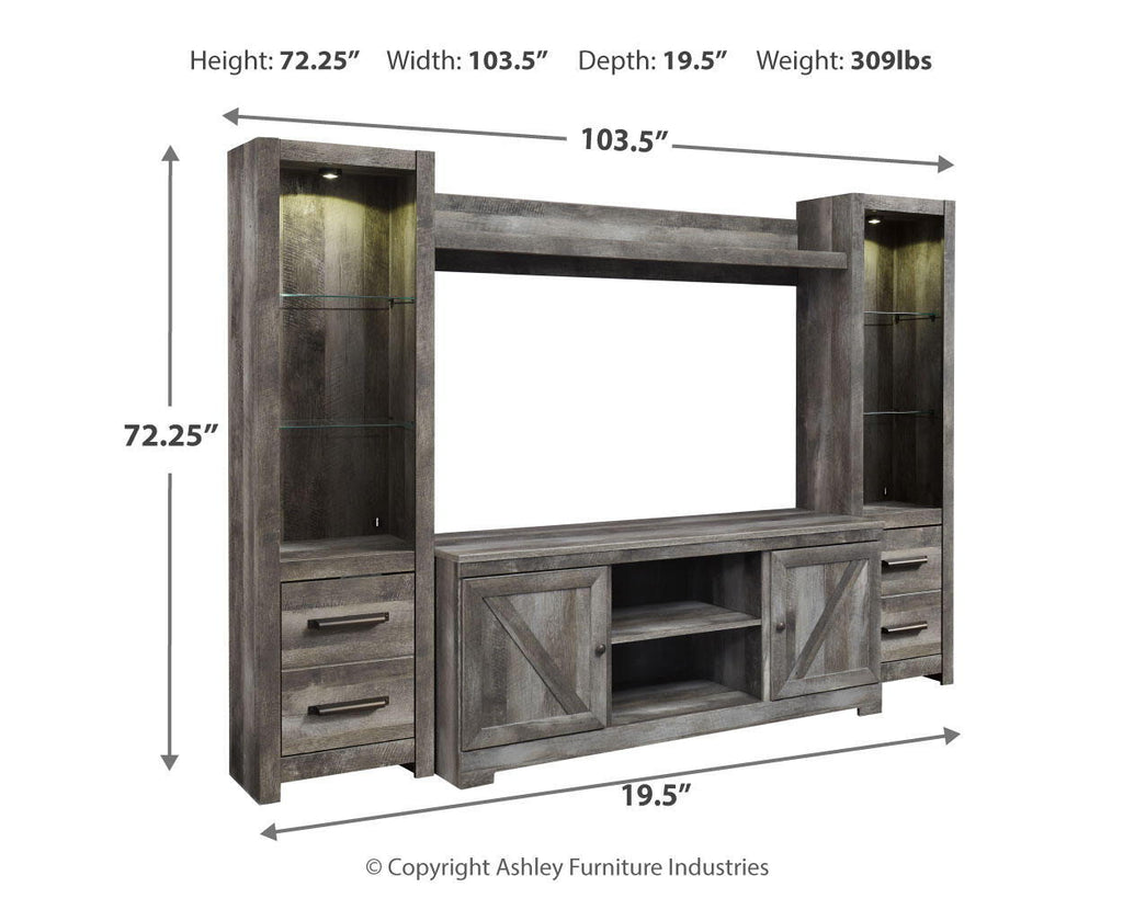 Gray entertainment center with TV opening and open lower shelves, with size measurements