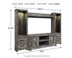 Gray entertainment center with TV opening and open lower shelves, with size measurements