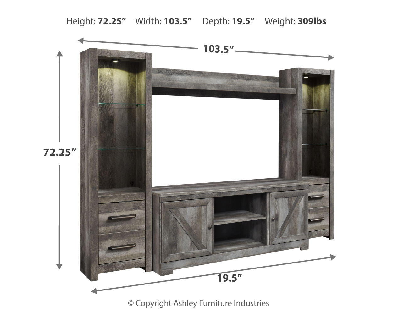 Gray entertainment center with TV opening and open lower shelves, with size measurements