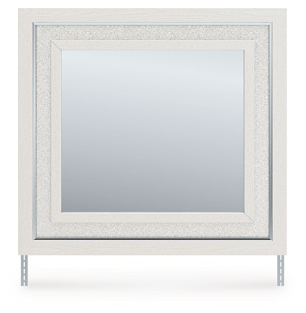 Bedroom mirror with light framed square reflective glass panel.