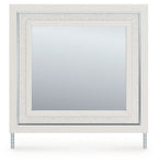 Bedroom mirror with light framed square reflective glass panel.