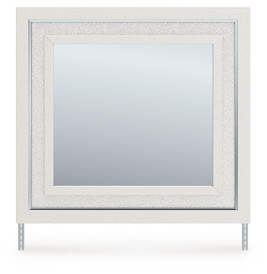 Bedroom mirror with light framed square reflective glass panel.
