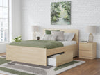 Light brown panel platform bed with front storage drawer and tall panel headboard