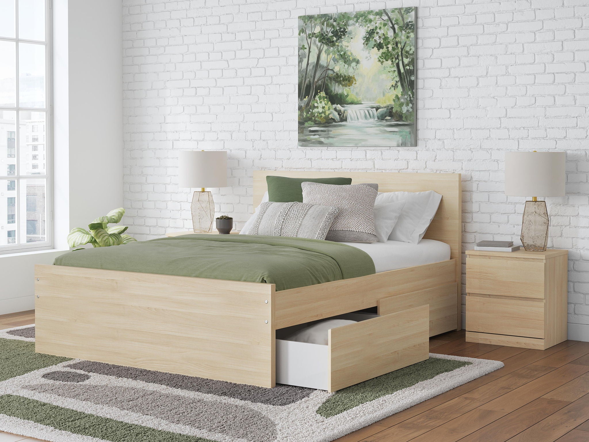 Light brown panel platform bed with front storage drawer and tall panel headboard