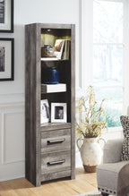 Dark gray cabinet with two drawers and two shelves, open front