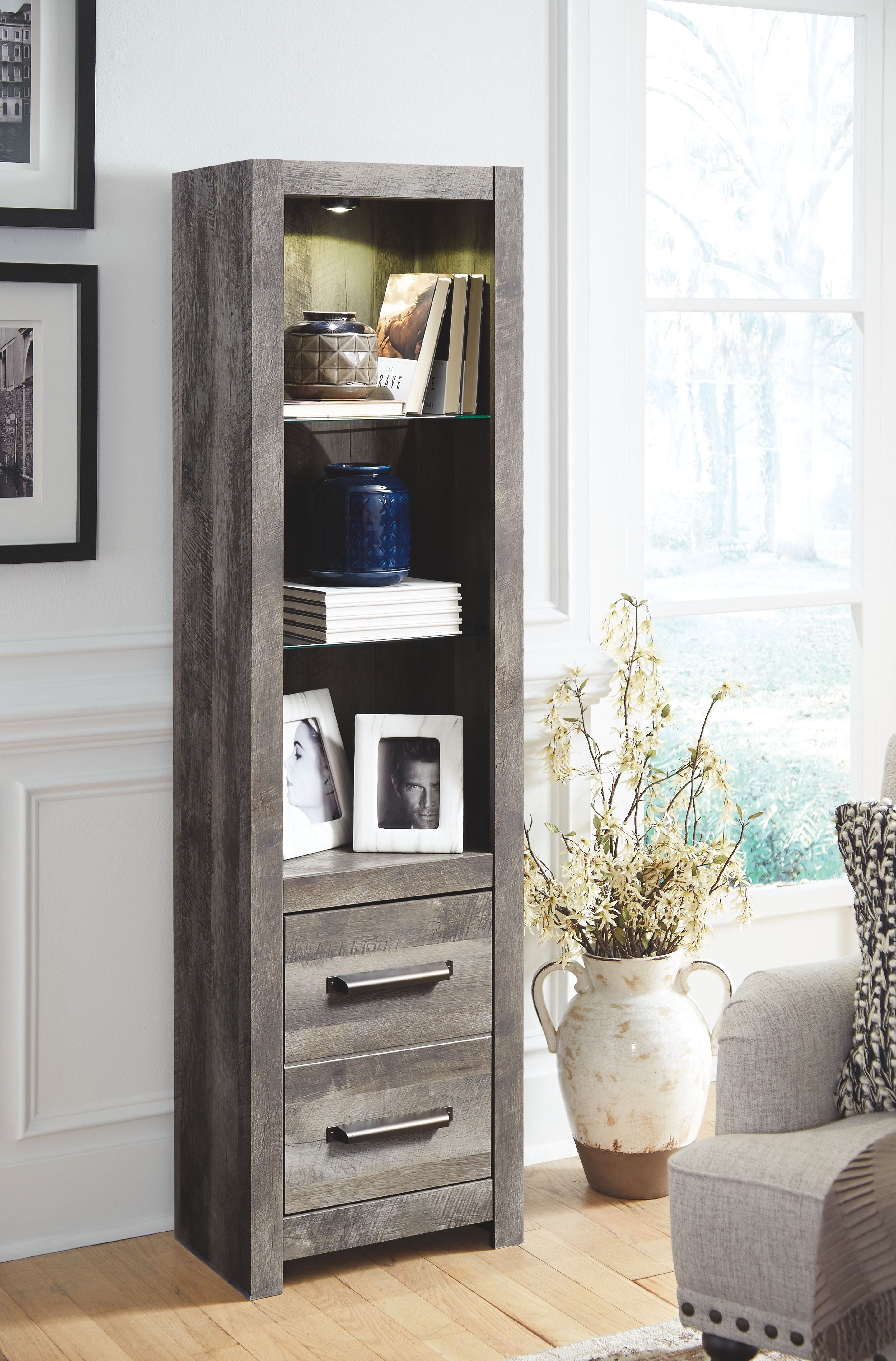 Dark gray cabinet with two drawers and two shelves, open front