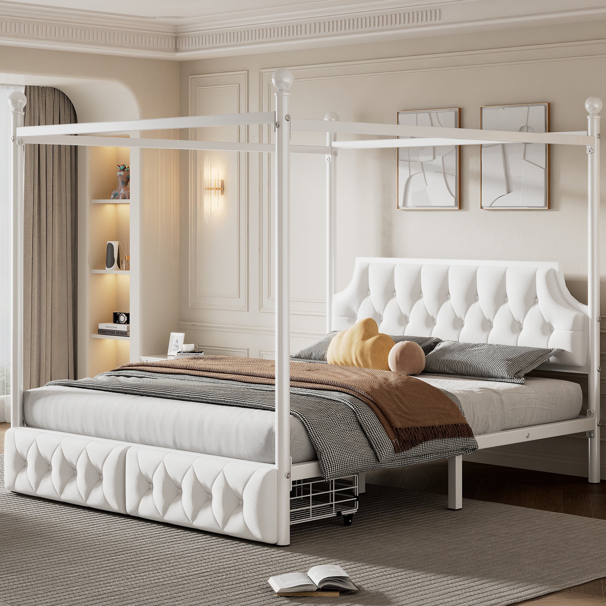 White Queen Metal Canopy Platform Bed, Upholstered Headboard, Storage
