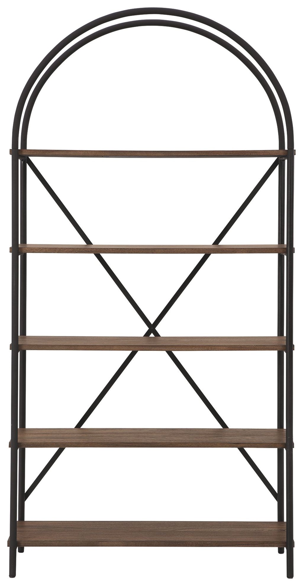 Arched black metal bookcase with brown shelves and cross bracing, four tiers