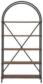 Arched black metal bookcase with brown shelves and cross bracing, four tiers