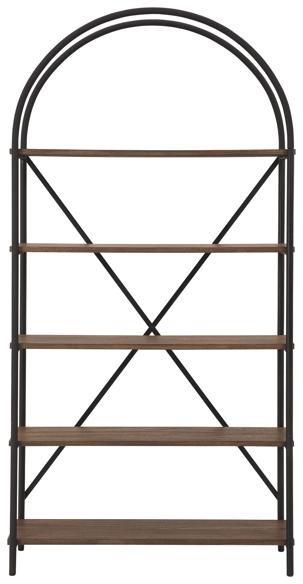 Arched black metal bookcase with brown shelves and cross bracing, four tiers