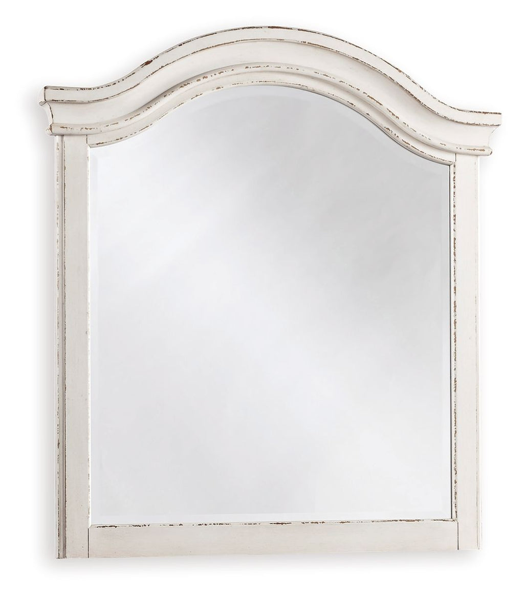 Youth mirror with arched chipped white frame and reflective glass