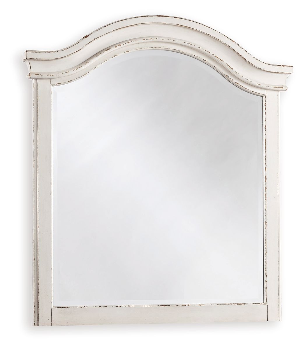 Youth mirror with arched chipped white frame and reflective glass