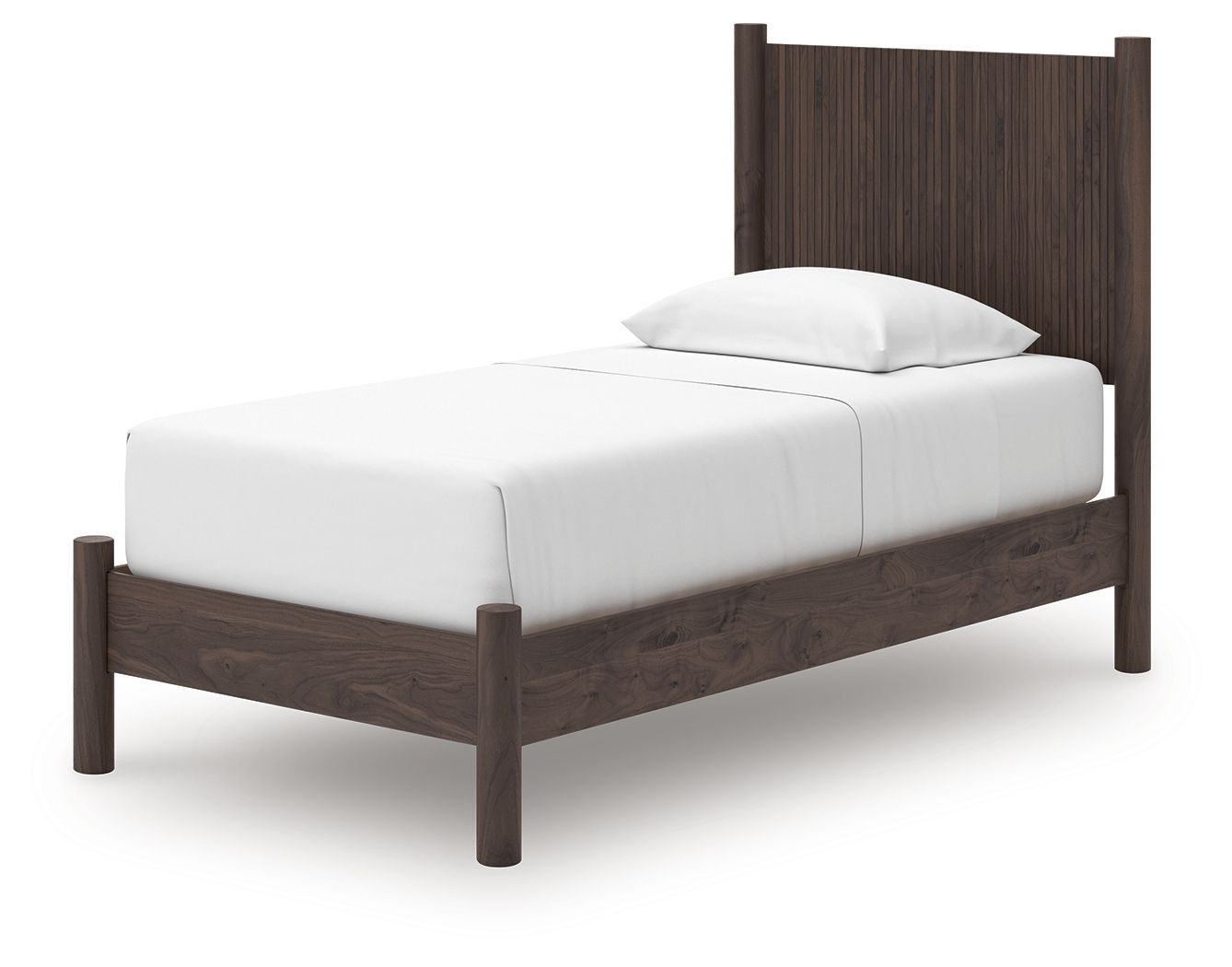 Dark brown panel platform bed frame with white mattress and single pillow