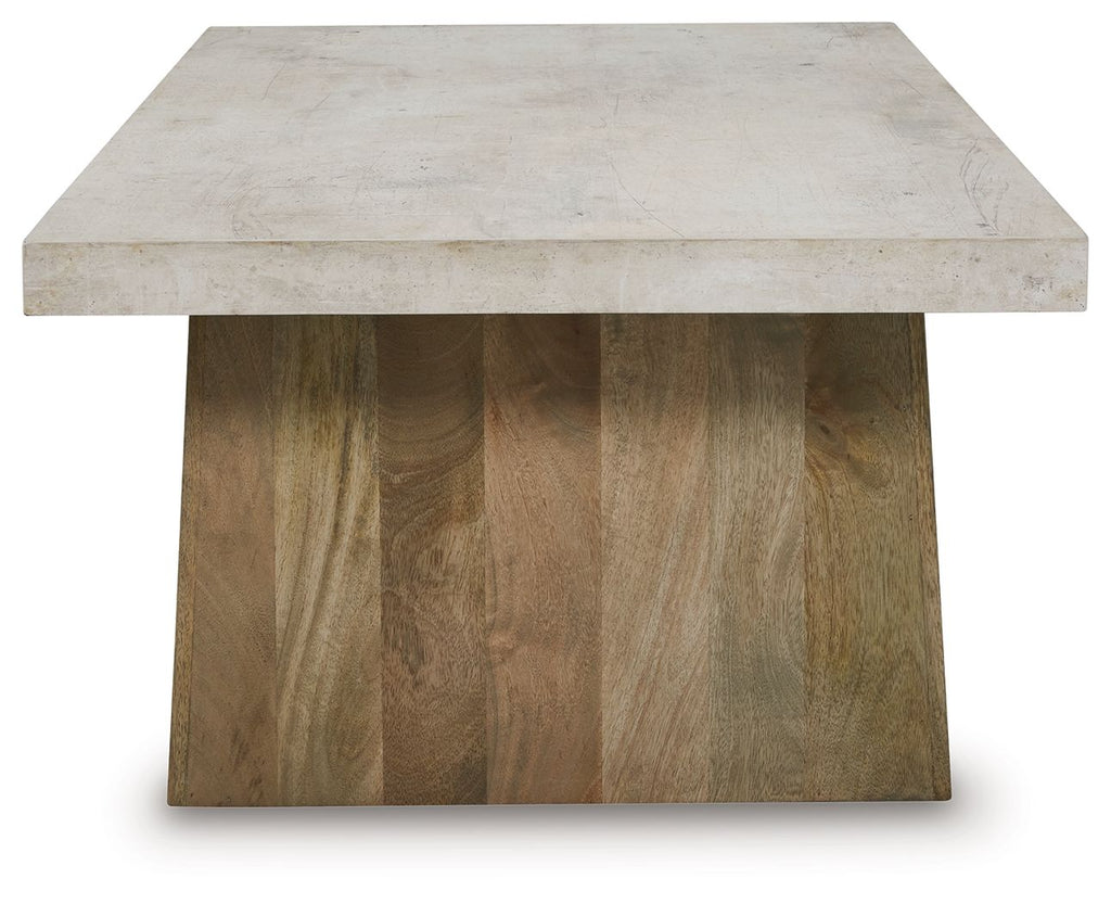 Rectangular table with concrete-look top and light brown wood frame