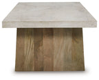 Rectangular table with concrete-look top and light brown wood frame