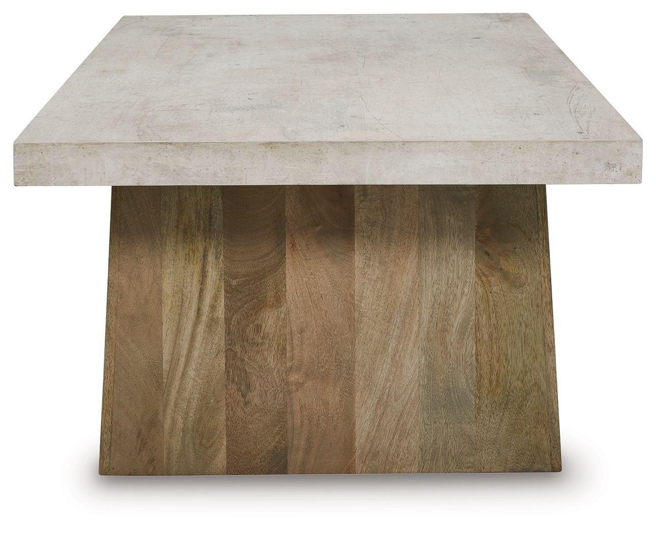 Rectangular table with concrete-look top and light brown wood frame