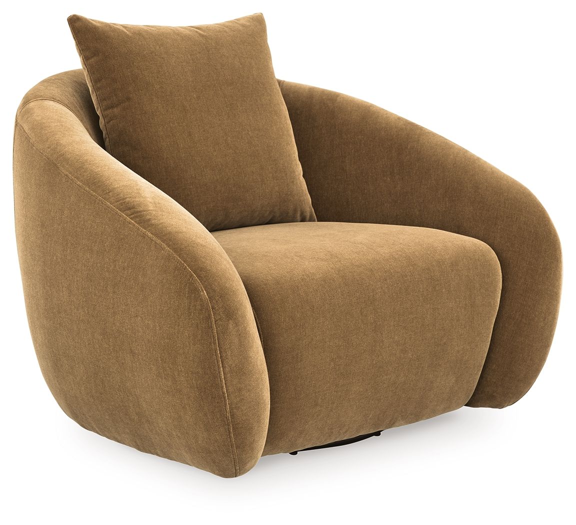 Tan swivel accent chair with tall backrest, contoured seat, and rounded armrests.