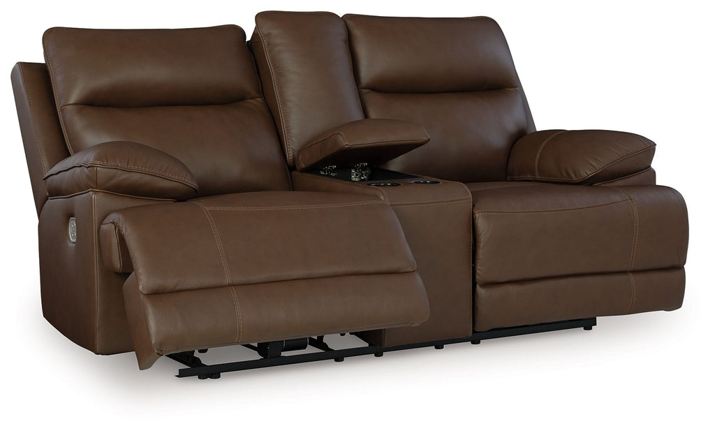 Power reclining loveseat with console and adjustable headrests, dark brown leather cushions