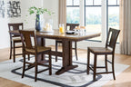 Rylandeen counter-height dining table set with stools, dark brown wood