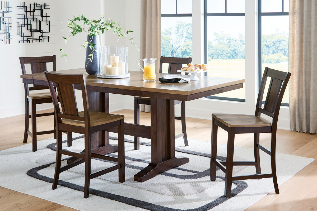 Rylandeen counter-height dining table set with stools, dark brown wood