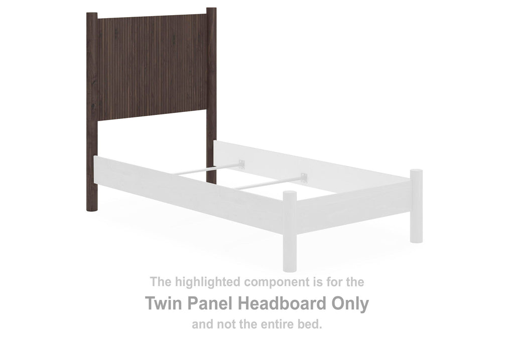 Brown twin panel headboard with vertical slats and rectangular frame