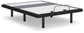 Adjustable bed base with lumbar support and audio, dark frame, platform with attached cable