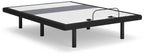 Adjustable bed base with lumbar support and audio, dark frame, platform with attached cable
