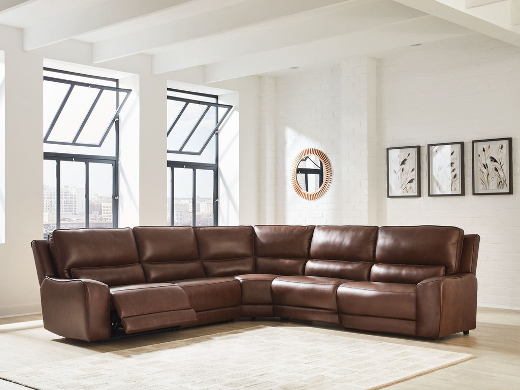 Brown power reclining sectional sofa with chaise seating and low-profile arms
