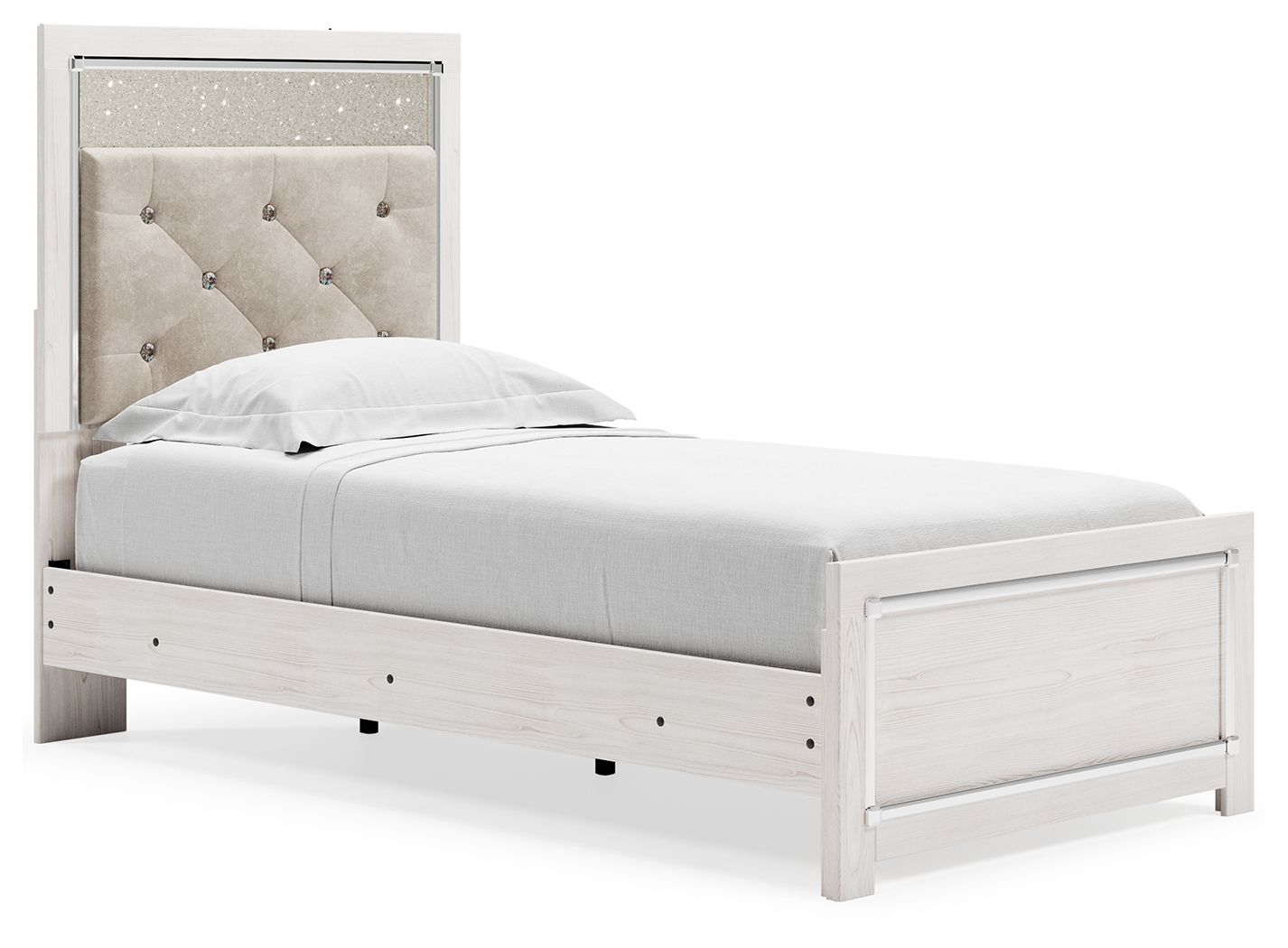 White panel bed with light gray upholstered headboard and side view of footboard drawers.