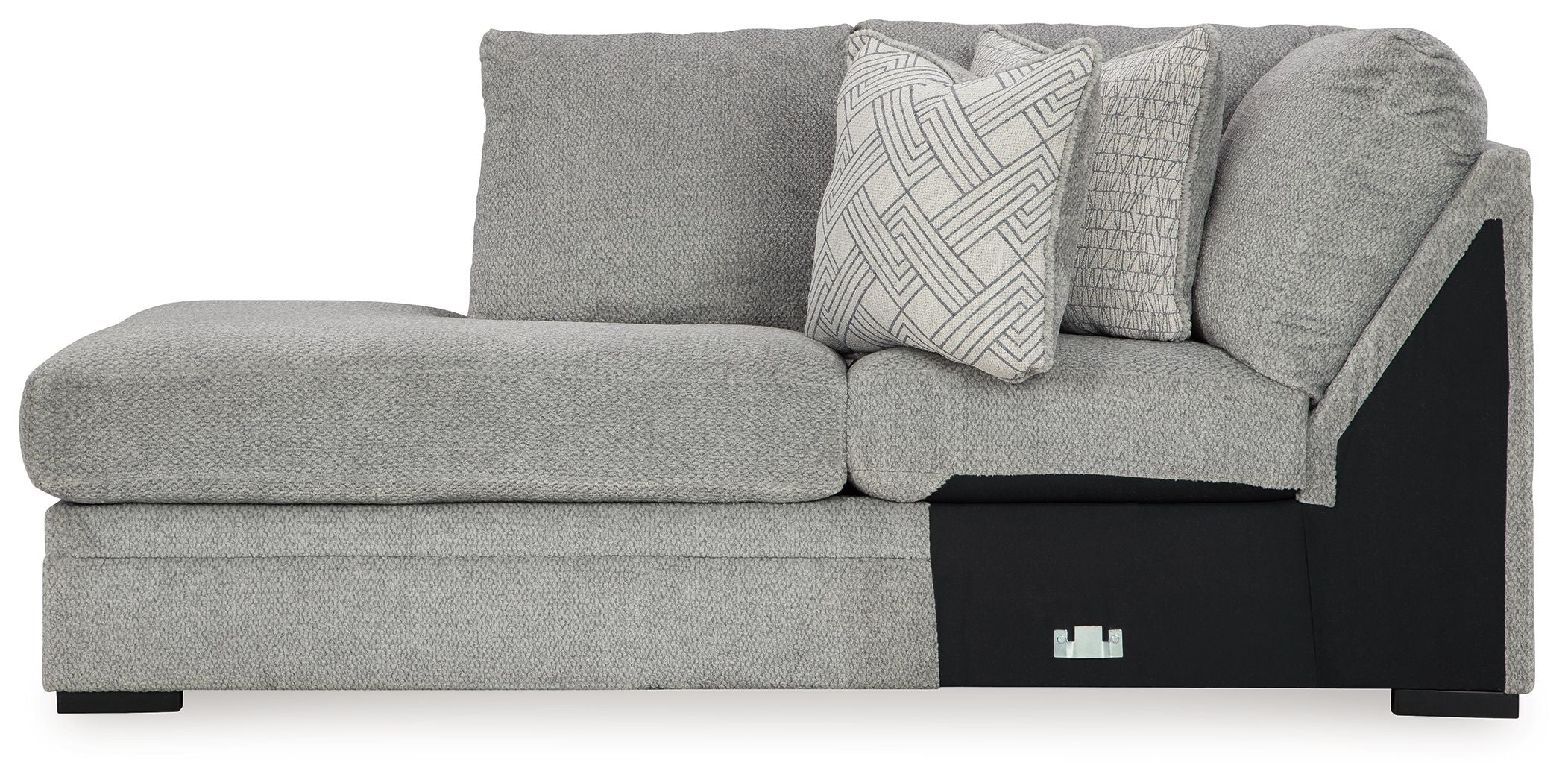 Corner chaise sofa in cement-gray fabric with geometric pillow and black base