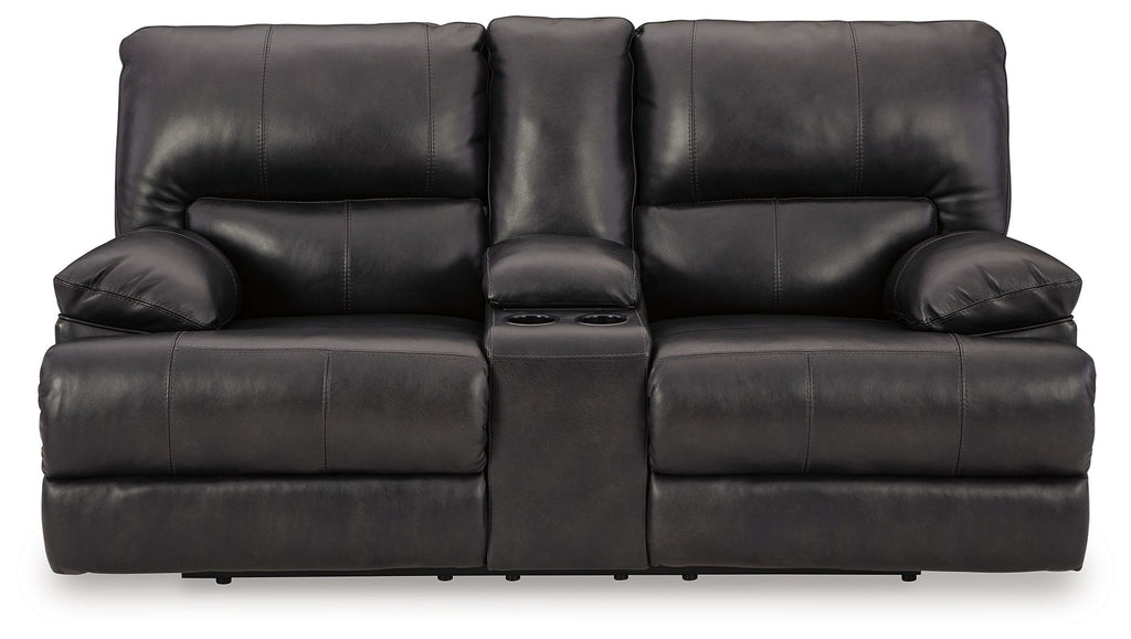 Dark leather-look power reclining loveseat with adjustable headrests and split seat