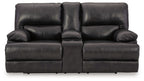 Dark leather-look power reclining loveseat with adjustable headrests and split seat