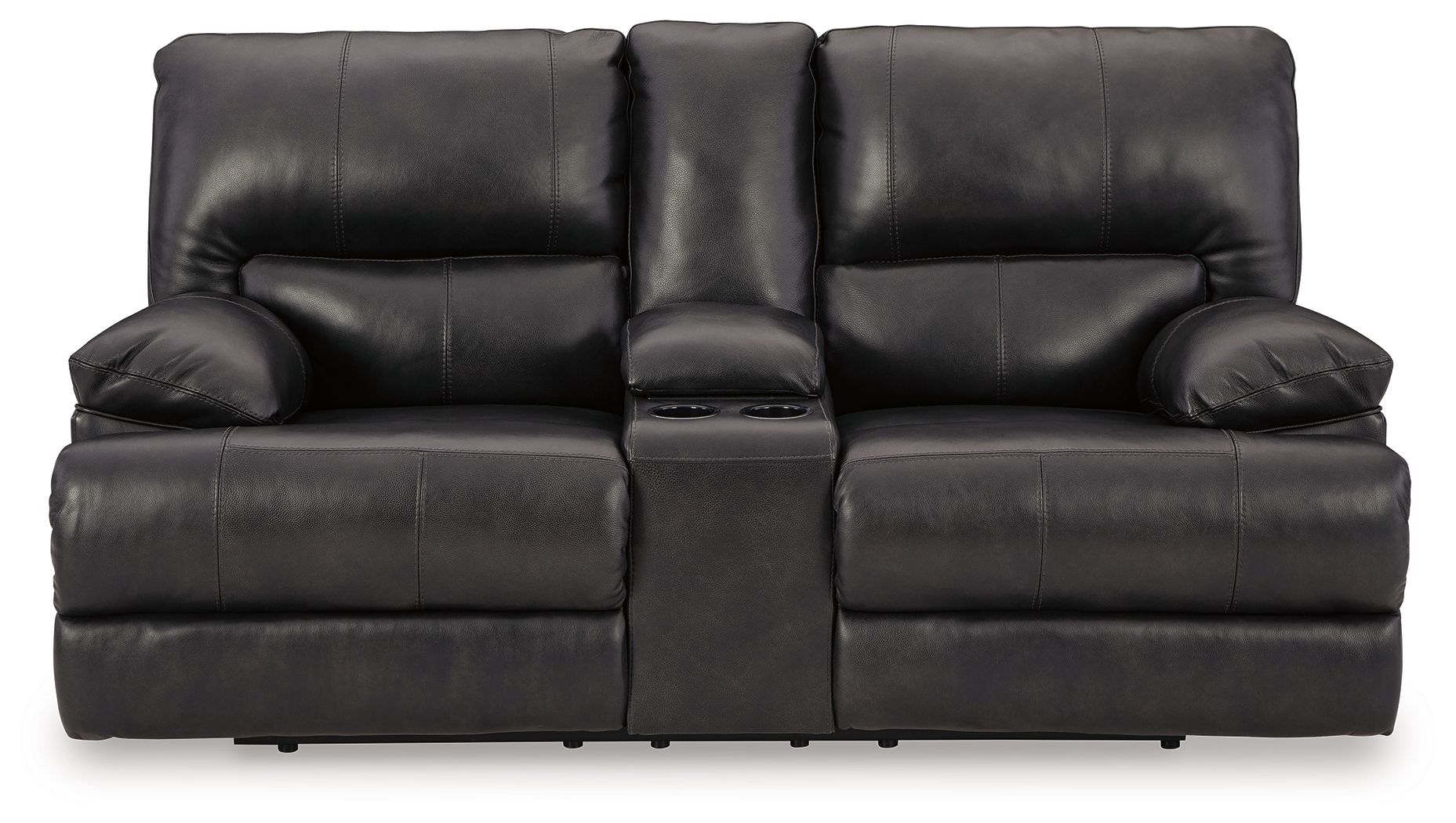 Dark leather-look power reclining loveseat with adjustable headrests and split seat