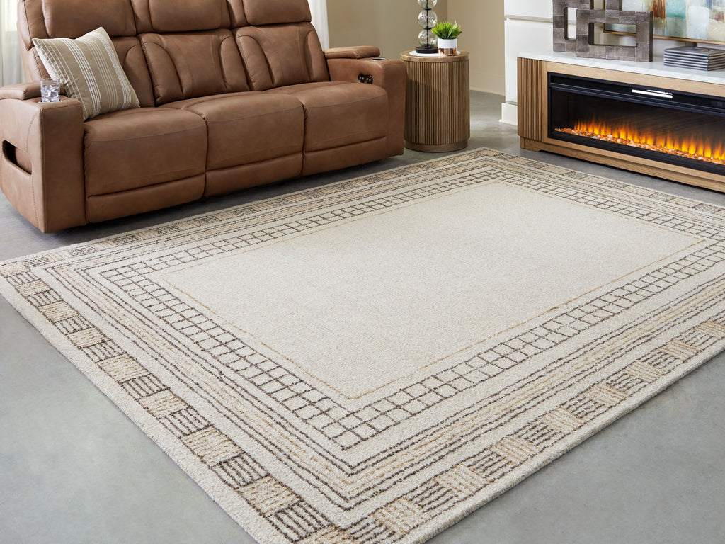 Beige rug with diamond lattice border and central flat field