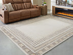 Beige rug with diamond lattice border and central flat field