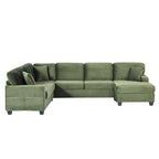 Green corduroy sectional sofa with chaise on the right, ribbed striped upholstery