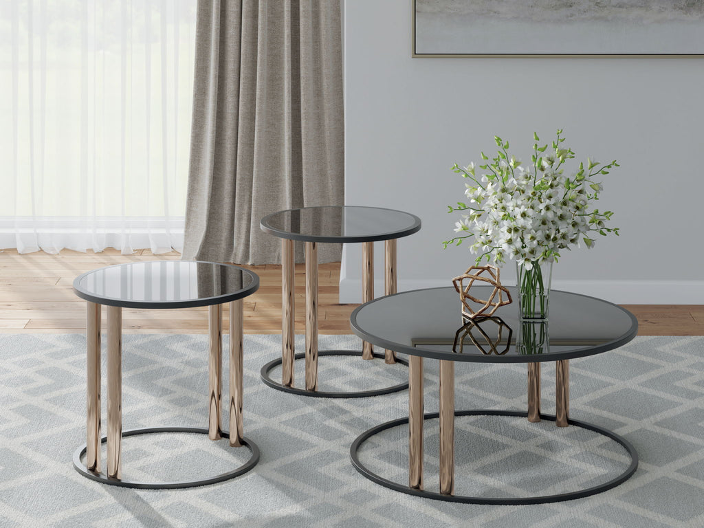 Nested round black occasional tables set of 3 with dark glass tops and gold legs