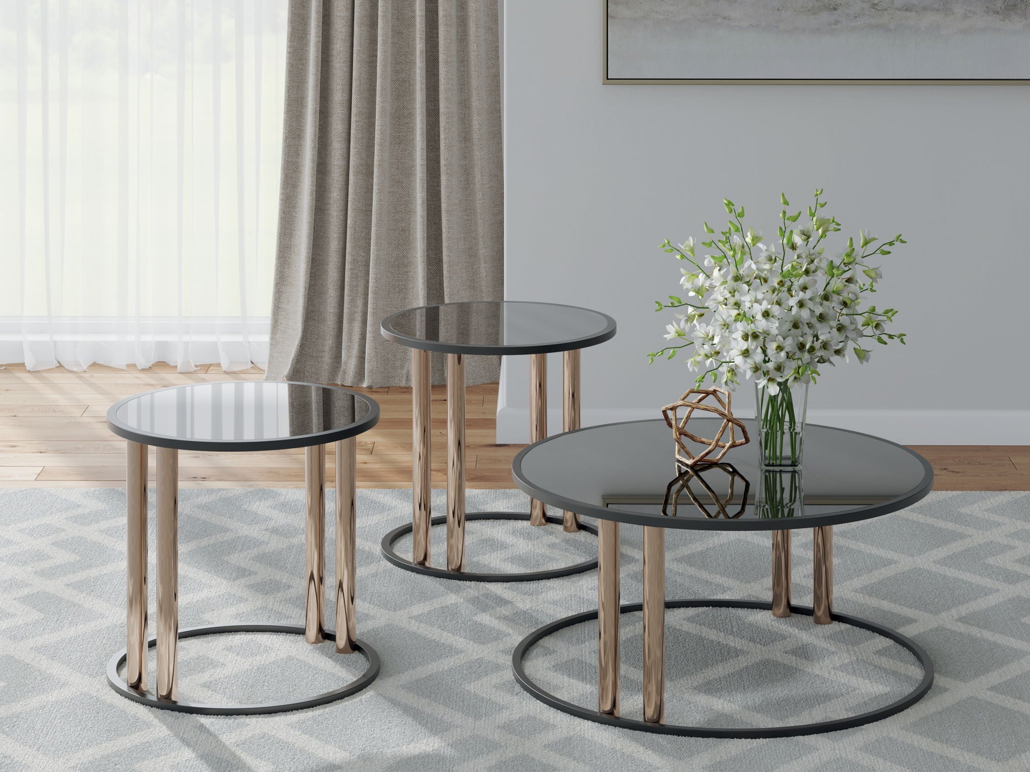 Nested round black occasional tables set of 3 with dark glass tops and gold legs