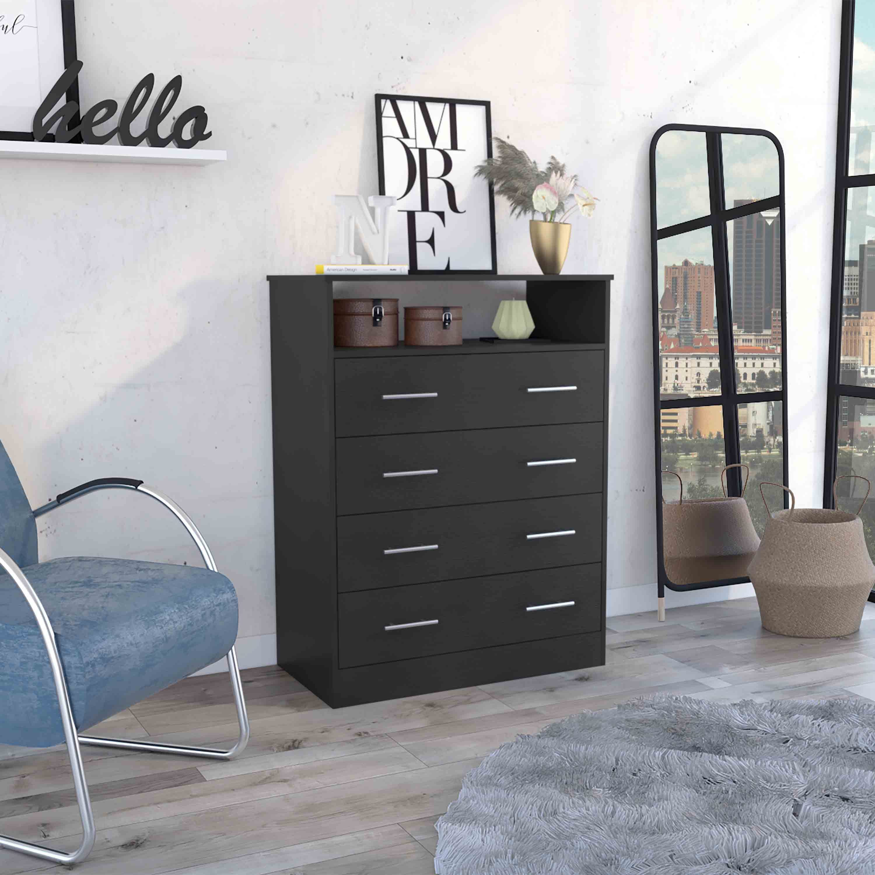 Black Four Drawer Dresser with Open Shelf & Superior Top