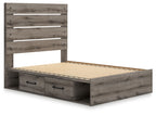 Dark gray storage bed with slatted base and two front drawers, raised headboard